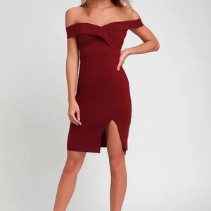 Lulus Classic Glam Burgundy Off Shoulder Bodycon Cocktail Mini Dress - Small NWT